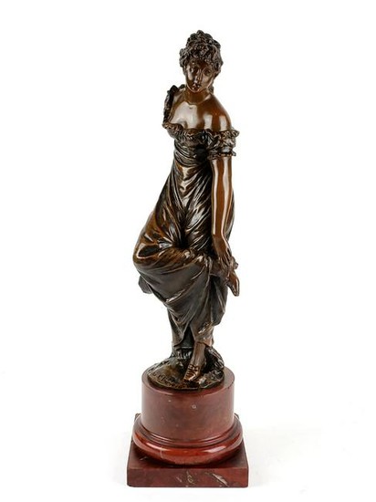 19th C. Bronze & Rouge Marble Figure of Woman Signed
