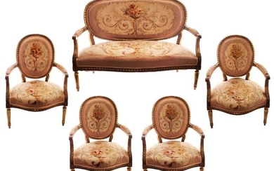 19th C. Set Of Five French Aubusson Tapestry And Giltwood Chairs