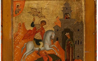 19th century Russian icon. "Saint George". Egg tempera on wood. There is chipping along the edge