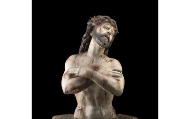 19th-century art "Ecce Homo" polychrome wooden sculpture (h. cm 40) on giltwood base (defects)
