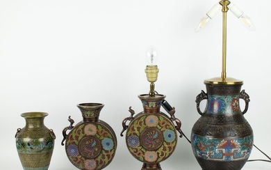 2 Japanese champlevé lamps and 2 vases