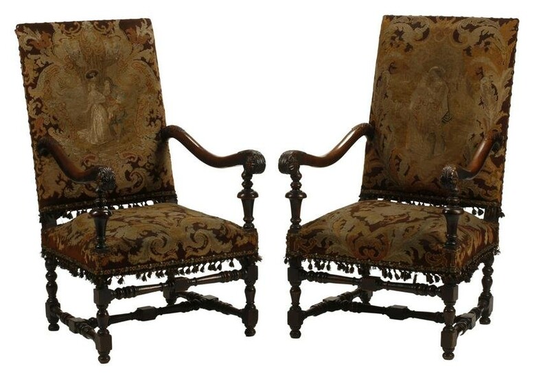 2) LOUIS XIII STYLE TAPESTRY UPHOLSTERED FAUTEUILS
