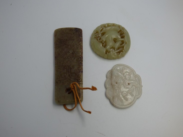 2 Oriental carved jade discs & carved jade pendant