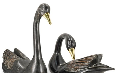 (2 Pc) Pair Of Large Carved Wood & Brass Swan Sculptures