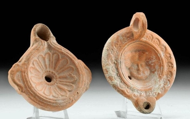2 Roman Terracotta Oil Lamps - Flower & Medusa