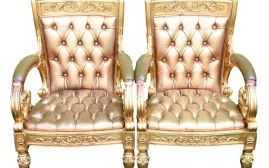2 Versace Vanitas Gold Leaf Upholstered Arm Chairs
