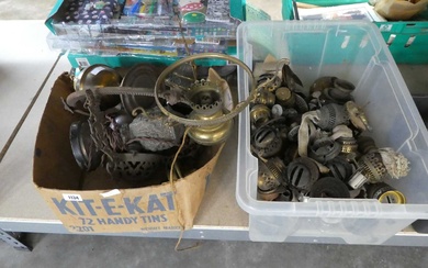 2 boxes containing vintage oil lamp and parts2 boxes containing...