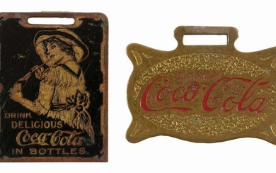 LOT OF 2: BRASS COCA-COLA ADVERTISING WATCH FOBS.