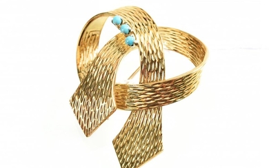 A RETRO TURQUOISE SET BROOCH IN 18CT GOLD