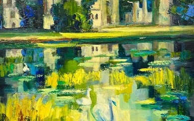 20th Century French Post Impressionist Oil Swans on Lily Pond Chateau Lake