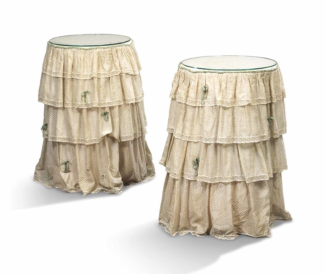 A PAIR OF WHITE-PAINTED OCCASIONAL TABLES, THE COVERS MADE FOR EDWARD JAMES, CIRCA 1930-40