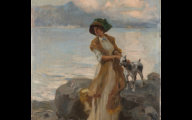 Paolo Sala ( Milano 1859 - 1924 ) , "Armonia sul Lago di Mergozzo" olio su tela (cm 102x68) Firmato in basso a sinistra In cornice