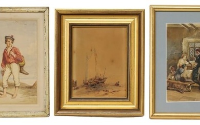 (3) FRAMED WATERCOLOR PAINTINGS OF FIGURAL SCENES & BOATS