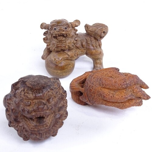 3 Japanese carved wood dragon and plant design netsuke, incl...