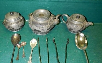 3 Pc Ant Pewter Overlaid Pottery Tea Set & Other Metal