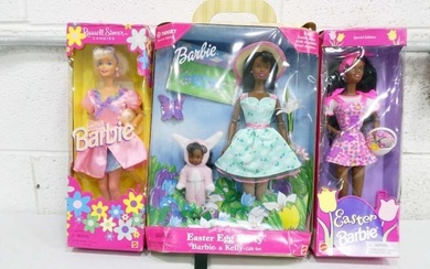 3 Vtg 1990s Easter Egg Party Barbie Kelly, Russell Stover Candies & Easter Barbie Dolls NIB Lot
