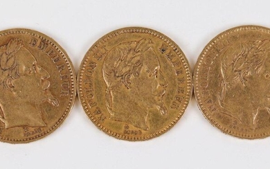 3 coins of 20 Francs gold Napoleon III head laureate...