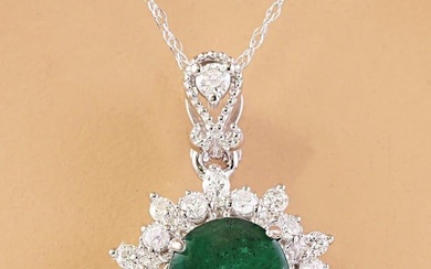 3.14 Carat Natural Emerald 14K Solid White Gold Diamond Pendant Necklace