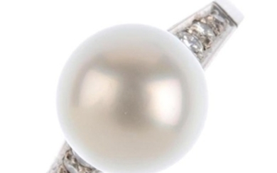 An 18ct gold natural pearl and diamond ring. The