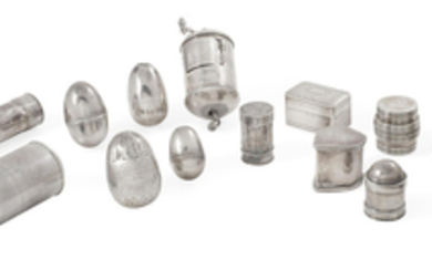 An assembled group of fourteen English and Continental silver nutmeg grinders