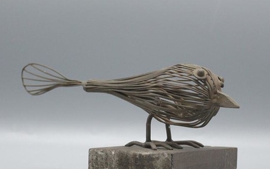 Brutalist Wire Sculpture of a Bird Mounted on Wood Base