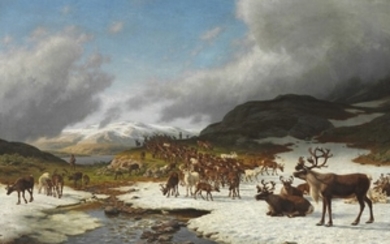Carl Bøgh: Reindeer herd in the mountains north of Røros. Signed Carl Bøgh. Oil on canvas. 106 x 150 cm.
