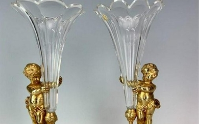 A PAIR OF CHAMPLEVE ENAMEL AND BACCARAT GLASS VASES