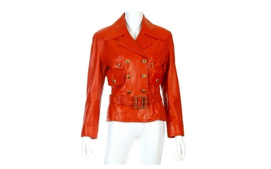 Chanel Runway Post Box Red Belted Leather Jacket
