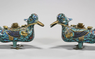 Pair Chinese Cloisonne Duck-Form Covered Censers