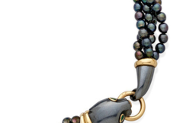 A colored cultured pearl, emerald, 18k gold and steel 'Panthére' necklace,, Cartier, France