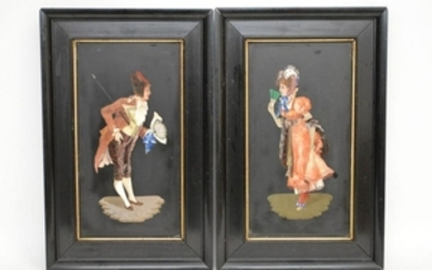 PAIR FRAMED PIETRA DURA PLAQUES with a man courting a