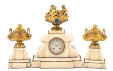 A French Gilt Bronze and Marble Clock Garniture