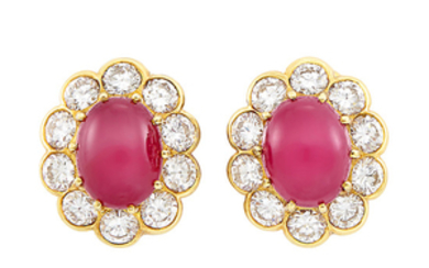 Pair of Gold, Cabochon Ruby and Diamond Earrings, Van Cleef & Arpels