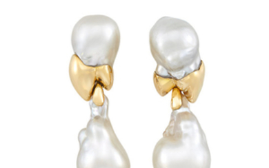 Pair of Gold and South Sea Baroque Cultured Pearl Pendant-Earclips