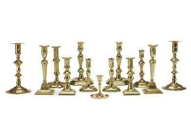 Group of fifteen brass candlesticks, English and Dutch