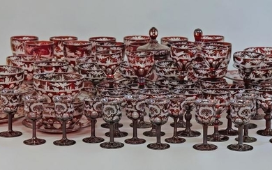 Large Bohemian Ruby Art Glass Tableware Set