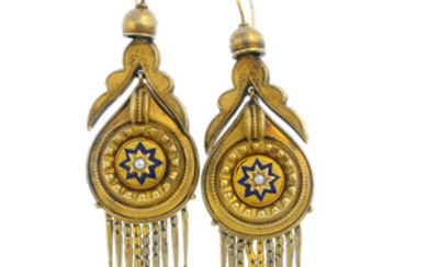 A pair of late Victorian gold split pearl and enamel earrings. View more details