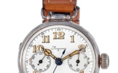 LONGINES, SILVER HINGED SINGLE BUTTON CHRONOGRAPH
