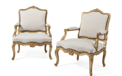 A PAIR OF LOUIS XV GILTWOOD FAUTEUILS, POSSIBLY NORTH ITALIAN, MID-18TH CENTURY