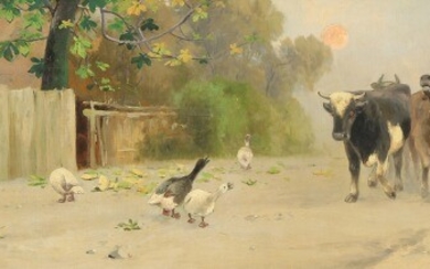 A. Mackeprang: Cattle and geese outside a farm in the evening sun. Signed and dated monogram 90. Oil on canvas. 27×94 cm.
