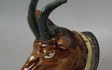 Majolica Goat Head Snuff Box with Pewter Lid