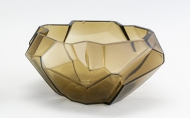 RUBA ROMBIC SMOKY TOPAZ GLASS BOWL Reuben Haley for Consolidated Lamp & Glass Company. Length 8.5".