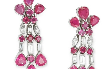 RUBY AND DIAMOND PENDENT EARRINGS set with rubies and