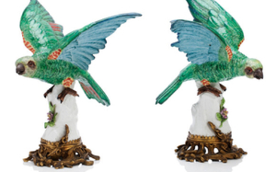 A pair of Samson ormolu mounted porcelain parrots