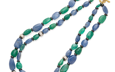A sapphire and emerald bead necklace