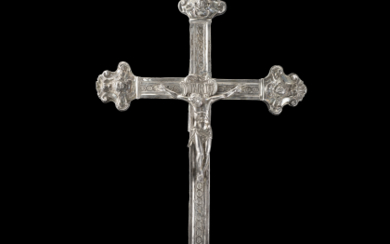 A silver Crucified Christ. Naples, 19th-20th Century. Silversmith "FDA M833" (h. cm 54) (defects)