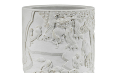 A very rare carved biscuit porcelain 'Eight Horses of Muwang' brushpot, bitong