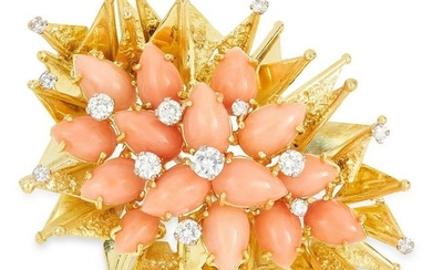 VINTAGE CORAL AND DIAMOND BROOCH, ANDREW GRIMA 1973 set