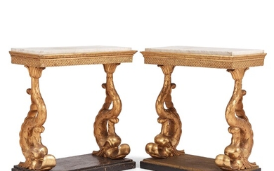 A matched pair of Swedish Empire console tables, first half of the 19th century.