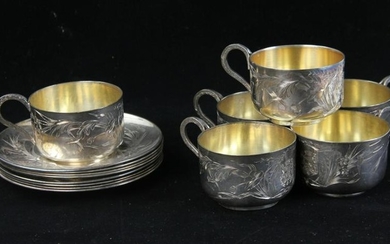 French Engraved Silver Cups and Saucers